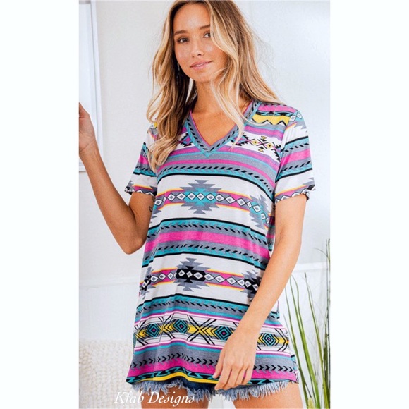 LAST 2! V Neck Aztec Print Blue Multi Top! - Picture 7 of 15